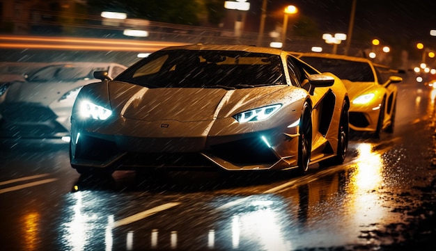 Een lamborghini rijdt op een regenachtige nacht.