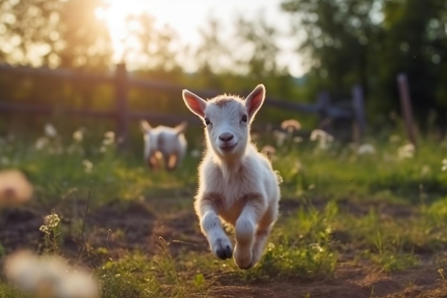 een lammetje dat door een bloemenveld rent