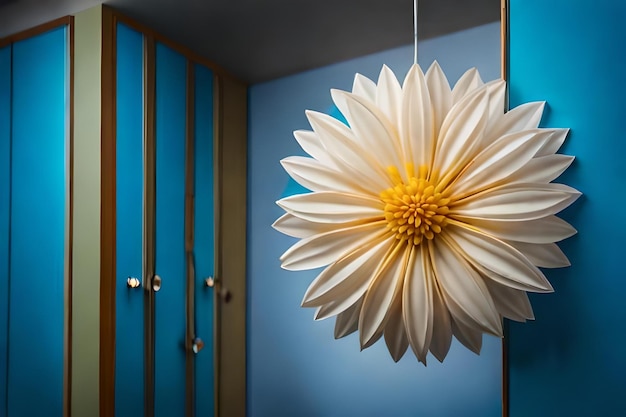 Een lamp die aan een plafond hangt met een bloem eraan.