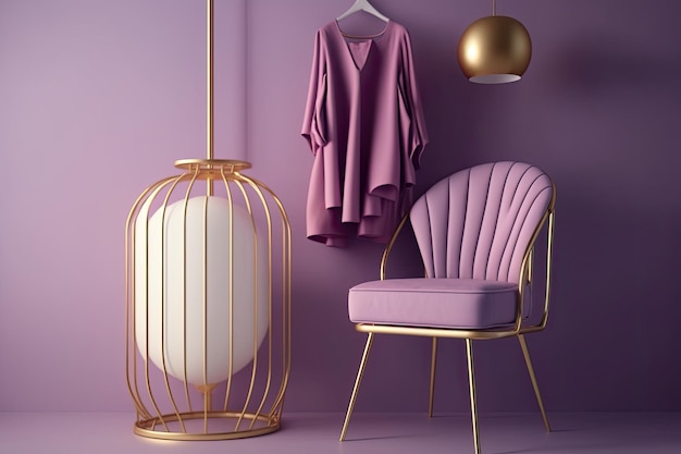 Een lamp, een fauteuil en een rek met hangende kleding in een originele compositie van een paarse kamer