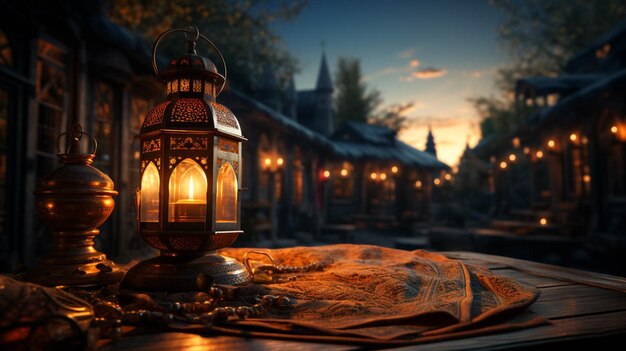 Foto een lamp en een boek op een tafel ramadan concept