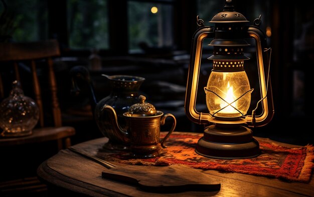 Een lamp en een lantaarn staan naast elkaar op een tafel en stralen licht uit