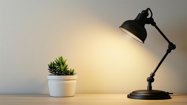 Foto een lamp en een plant op een tafel met een potplant erop