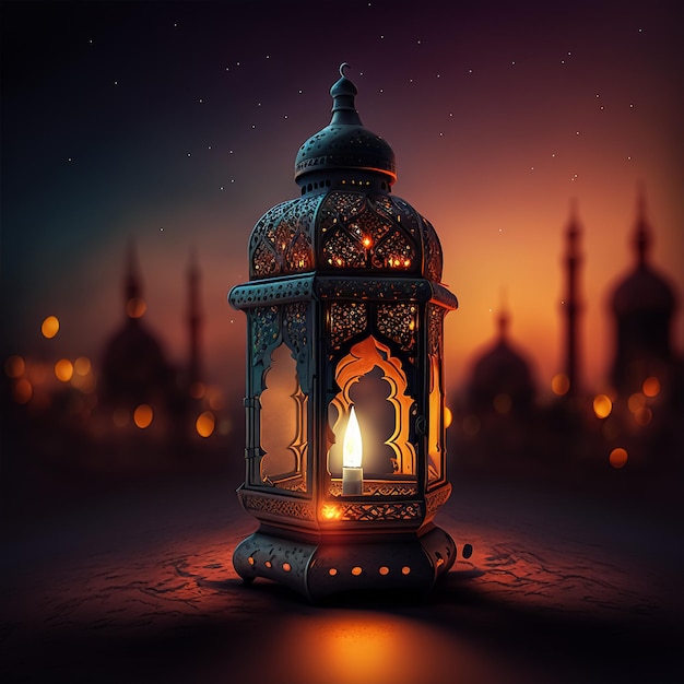 Een lamp met de lampjes erop waarop ramadan staat.