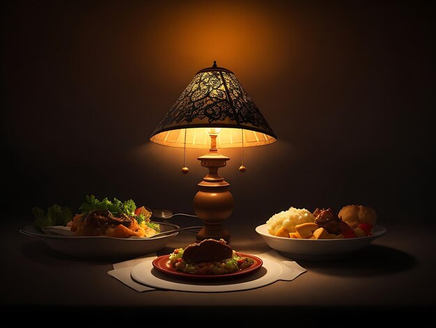 Foto een lamp met een bord ramadan iftar eten op het donkere licht vage ai gegenereerd