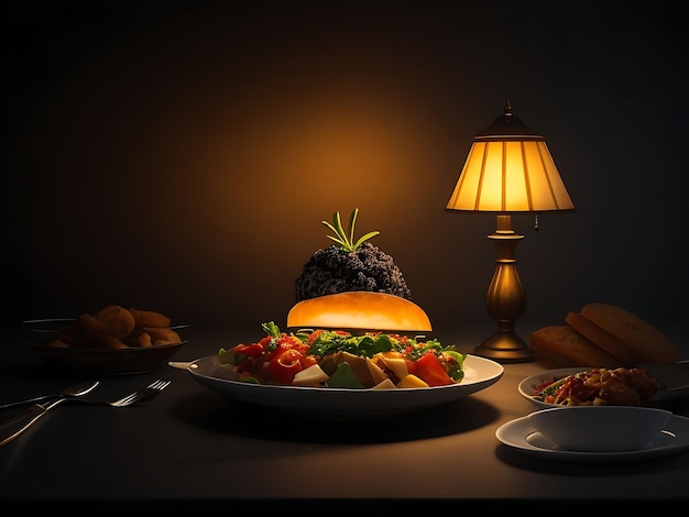 Foto een lamp met een bord ramadan iftar eten op het donkere licht vage ai gegenereerd