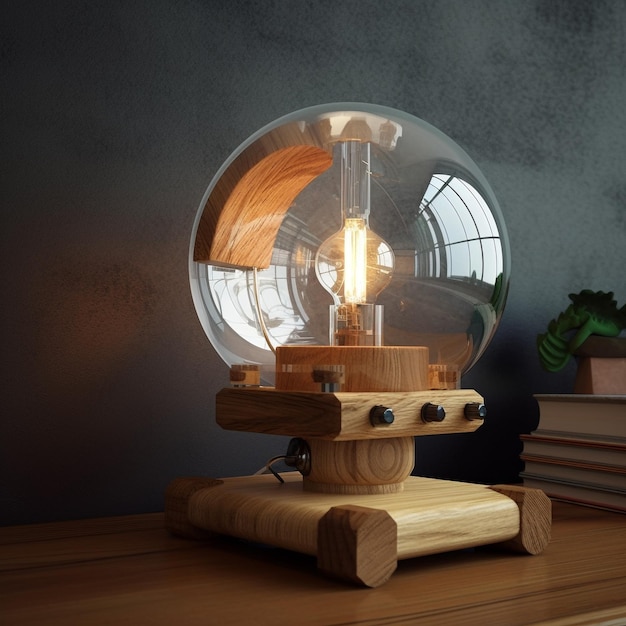 Een lamp met een houten voet en een houten voet met daarop een glazen bol.