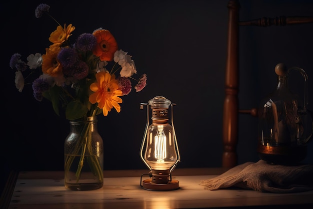 Een lamp met een vaas bloemen op een tafel