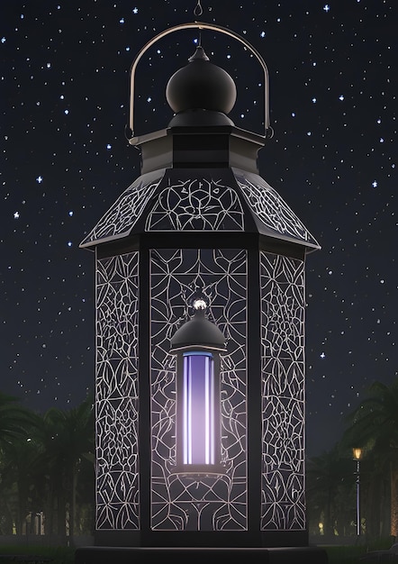 Een lamp met paars licht erop in het midden van een nachtelijke hemel.