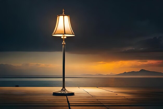 Foto een lamp op een dek met een zonsondergang op de achtergrond