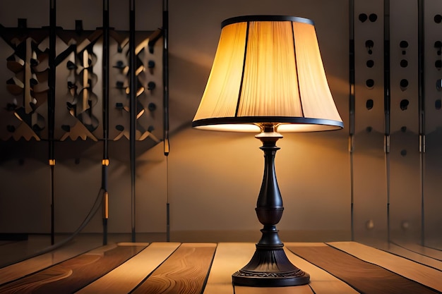 een lamp op een houten tafel met een houten tabel en een muur met een wijnrack erachter