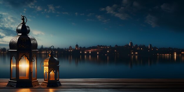 een lamp op een pier met een stad op de achtergrond