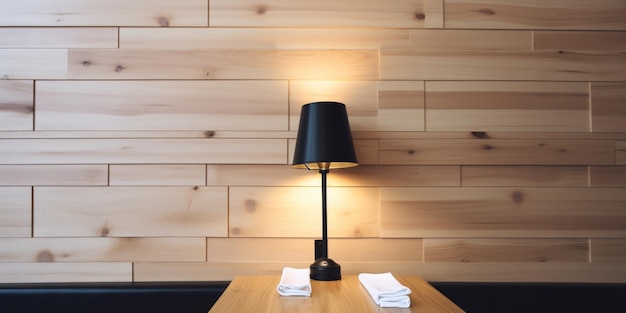 Een lamp op een tafel met een witte handdoek aan de muur erachter.