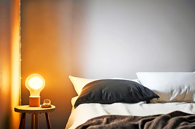 Een lamp op een tafel naast een bed met een kussen erop.