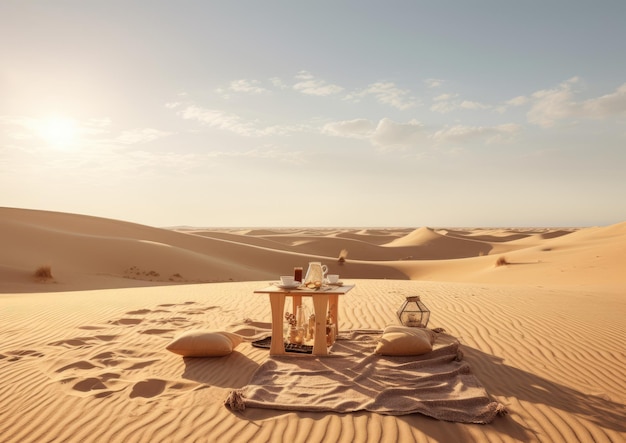 Een land art geïnspireerd beeld van een picknick in een woestijn landschap met zandduinen en minimalistische