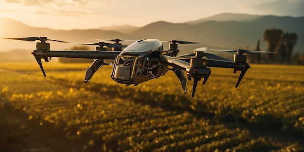 Een landbouwdrone bestuift op sierlijke wijze de natuur en de technologie van een landbouwveld, waardoor overvloedige oogsten ontstaan. AI Generatieve AI