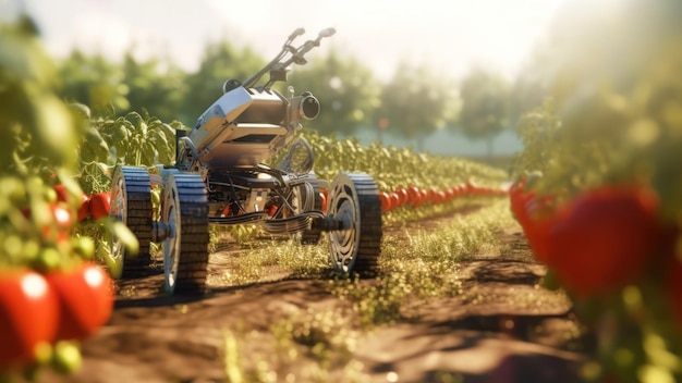 Een landbouwrobot oogst tomaten in een veld Oogstrobot met automatische detectie van de rijpheid van planten Het concept van een slimme landbouwboerderij Generatieve AI