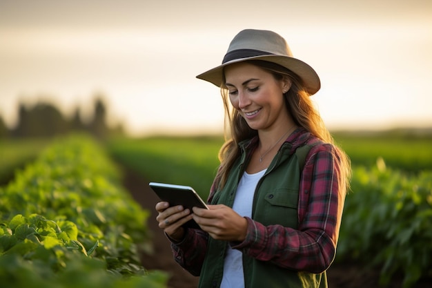 een landbouwvrouw glimlacht terwijl ze in een veld werkt met een tablet bokeh stijl achtergrond