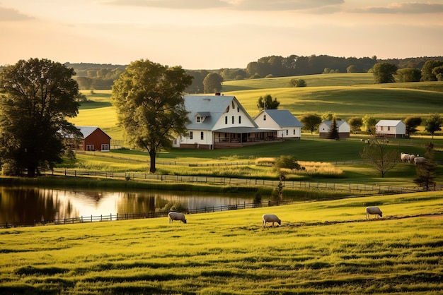 Foto een landelijke boerderij met glooiende groene velden waar dieren grazen generatieve ai