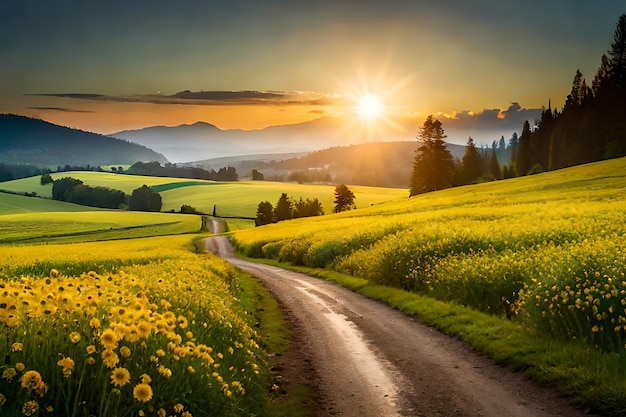 Een landelijke weg in een bloemenveld