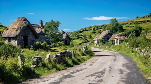 een landelijke weg met huizen aan de zijkant en een klein dorpje op de achtergrond