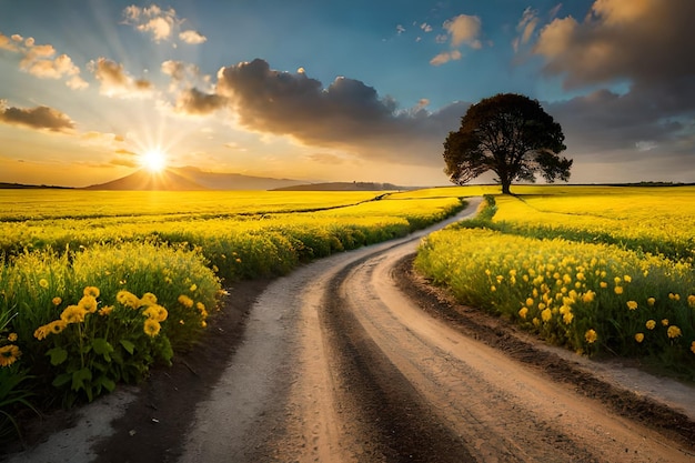 Een landelijke weg voert door een veld met gele bloemen.