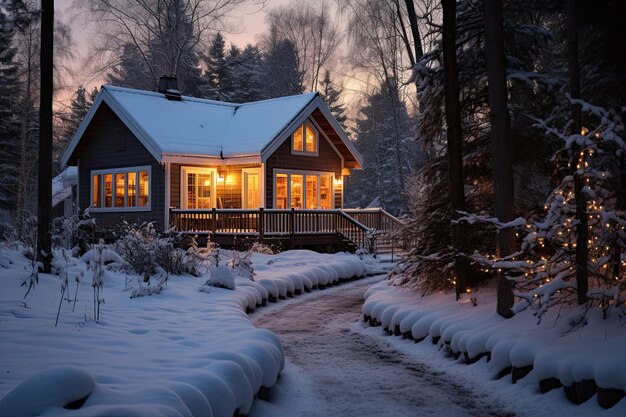 Een landhuis met een aan het licht is gelegen in een besneeuwd bos in de avond in de winter het concept van warmte en comfort van een land vintage vakantie in het bos