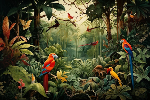 Foto een landschap in de jungle met prachtige vogels en dieren