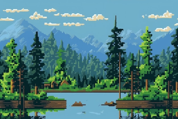 Een landschap in pixelart-stijl met bergen en bomen.