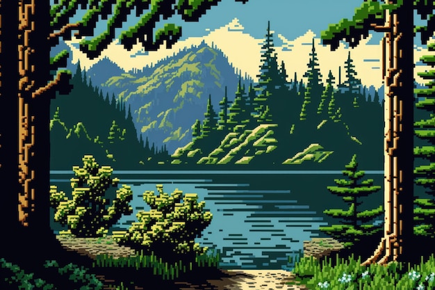 Een landschap in pixelart-stijl met bergen op de achtergrond.