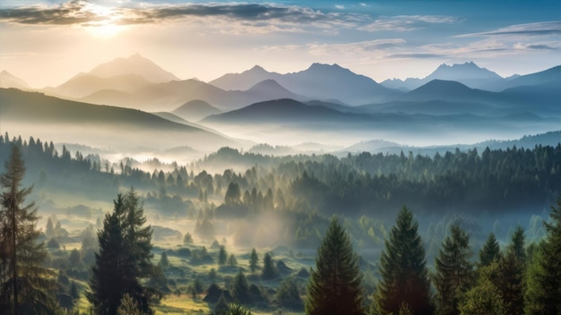 Een landschap met bergen en bomen op de achtergrond