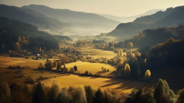 Een landschap met bergen en bomen op de achtergrond