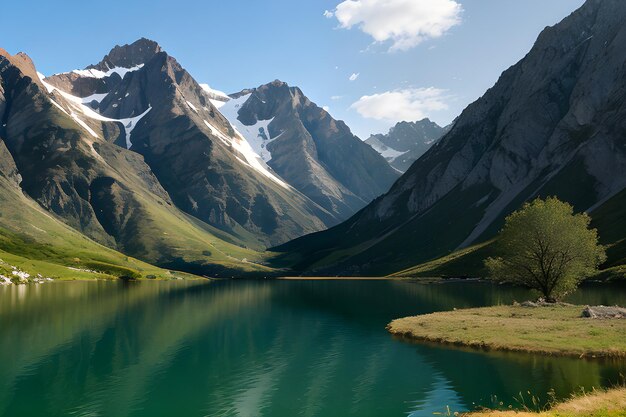 een landschap met bergen en een meer