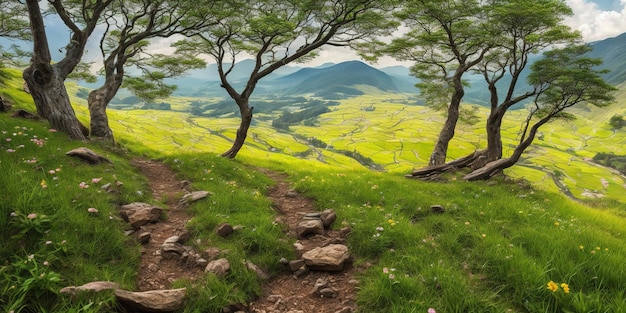 Een landschap met bomen en bergen op de achtergrond