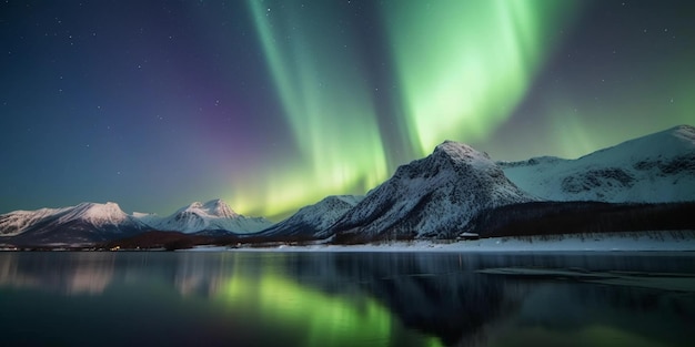 Een landschap met de aurora borealis boven een meer