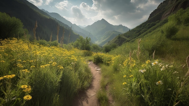 Een landschap met een berg en een pad met gele bloemen erop