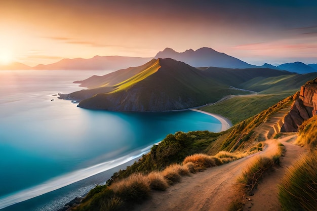 Een landschap met een berg en een zonsondergang op de achtergrond