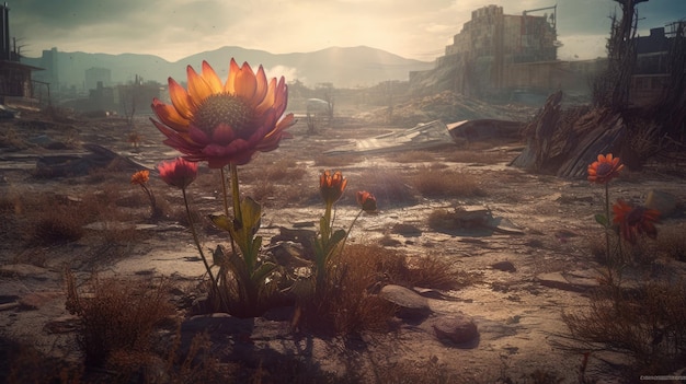 Een landschap met een bloem op de voorgrond en een ruïne op de achtergrond.