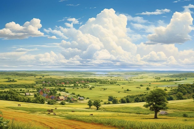 een landschap met een boerderij en een boerderij op de achtergrond.