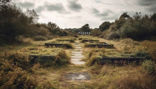 Foto een landschap met een groot veld en een groot gebouw op de achtergrond.