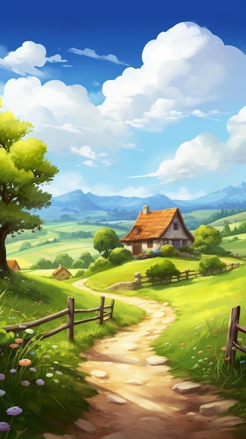 een landschap met een huis en een hek vector kunst illustratie