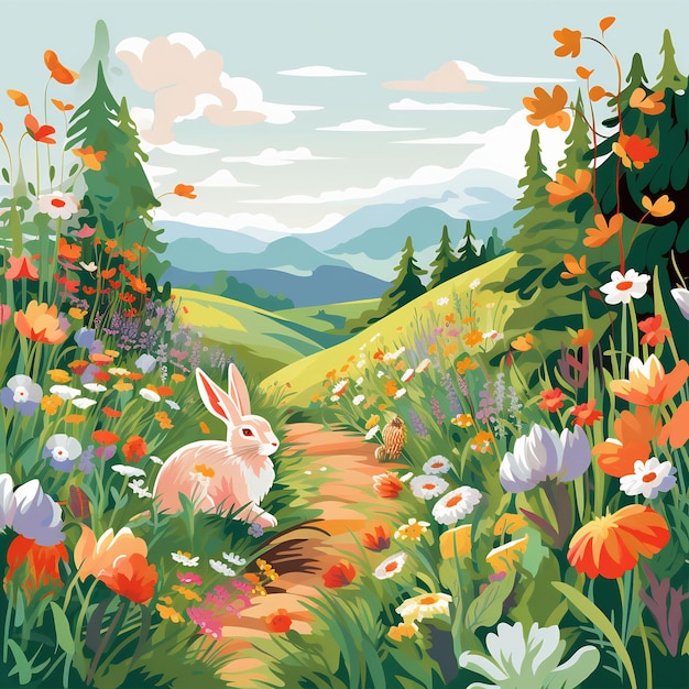 een landschap met een konijn en bloemen en een pad in de bergen
