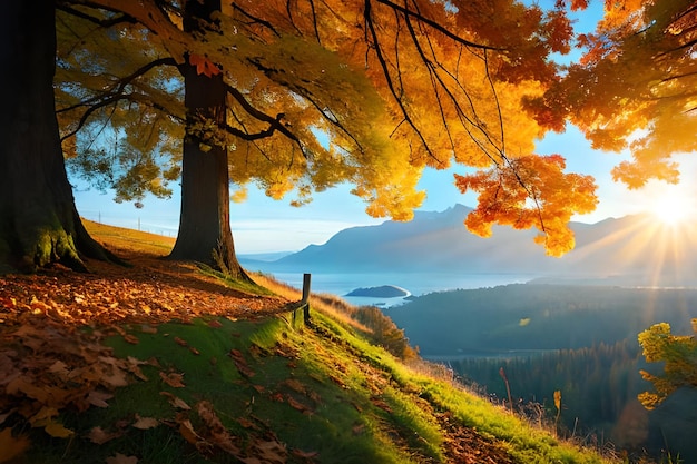 Een landschap met een meer en een boom met herfstbladeren