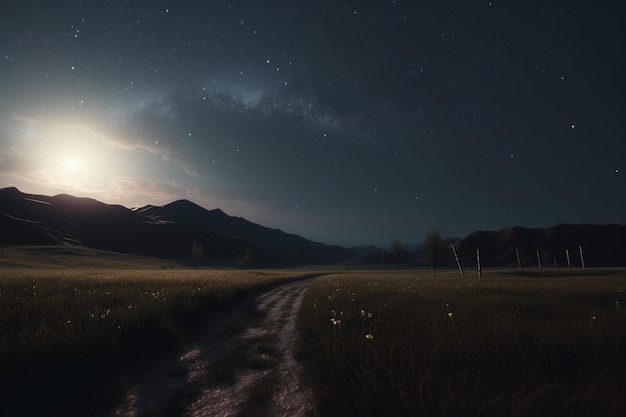 Een landschap met een pad dat leidt naar de sterren en de melkweg