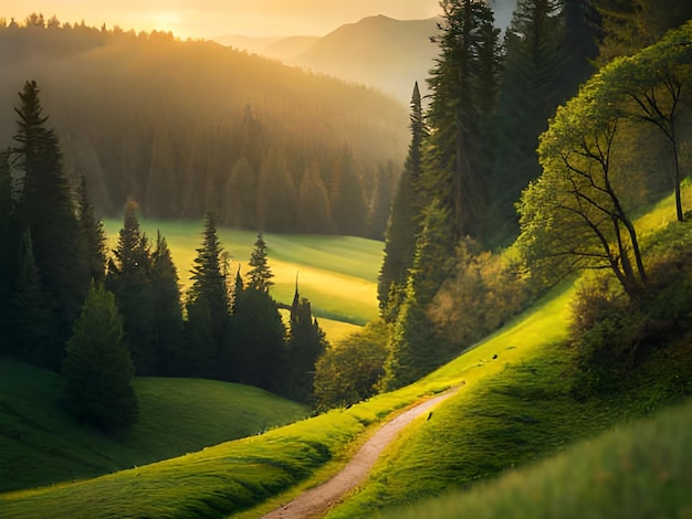 Een landschap met een pad dat leidt naar een bos met bergen op de achtergrond