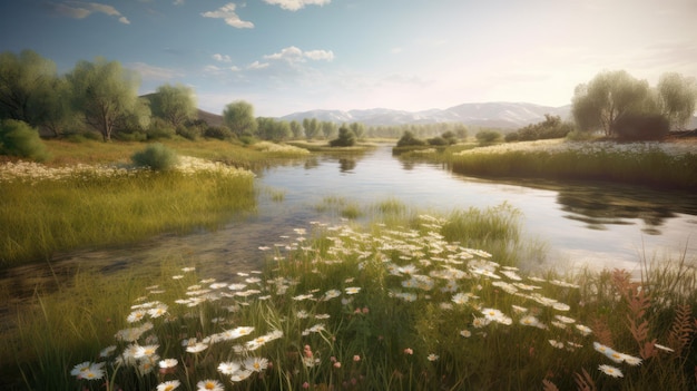 Een landschap met een rivier en bloemen op de voorgrond.