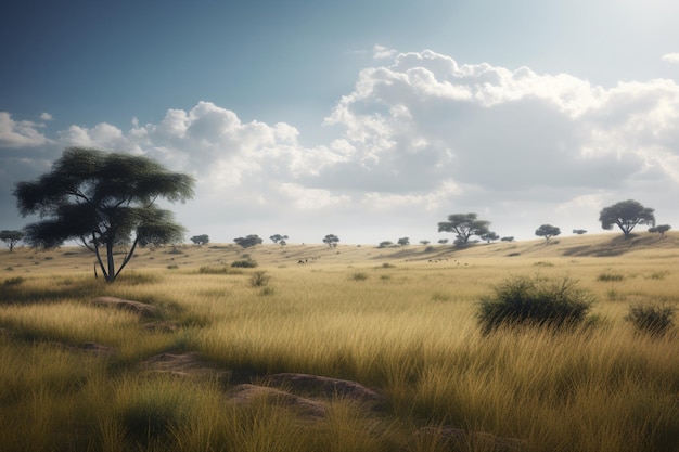 Een landschap met een veld hoog gras en een bewolkte lucht.