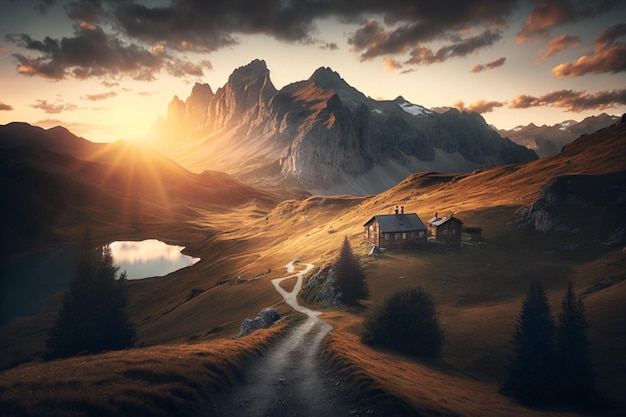 Een landschap met een weg die naar een berg leidt en een zonsondergang