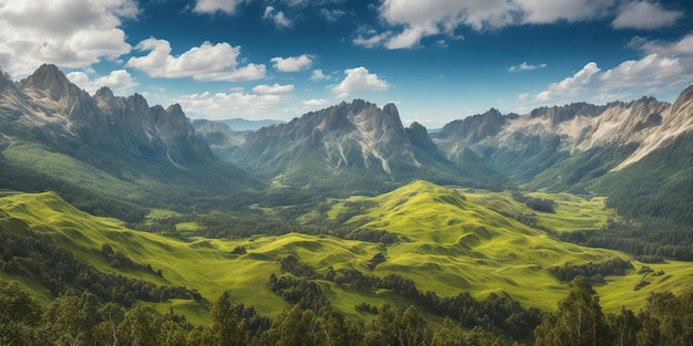 Een landschap met groene heuvels en bergen op de achtergrond.