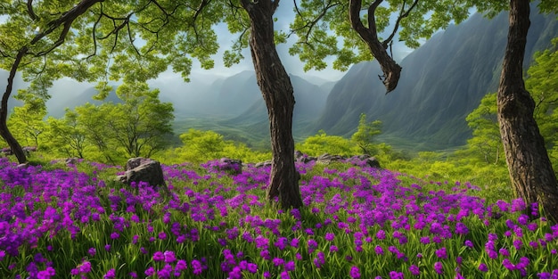 Een landschap met paarse bloemen en een boom op de voorgrond.